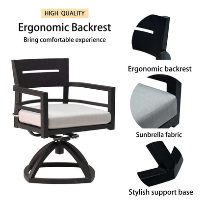 Ergonomic swivel rocker chair featuring an ergonomic backrest, Sunbrella fabric cushion, and stylish support base for comfort and style.