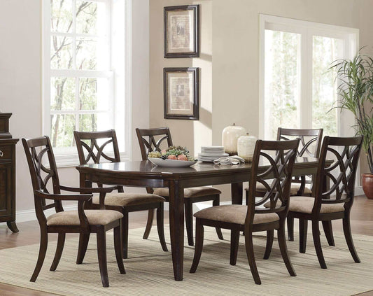 Cherry finish formal 7pc dining set with extension table in elegant room setting with six seats and rich wood detail.