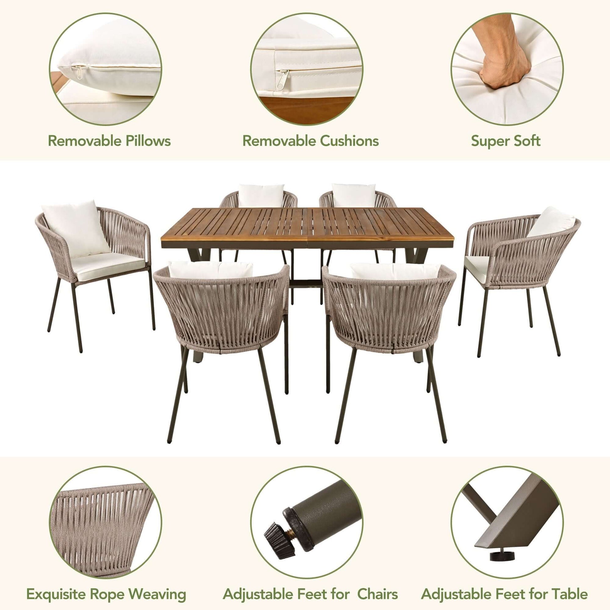 GO 7 Pieces Patio Dining Set with Removable Cushions and Acacia Wood Tabletop, Metal Frame, Beige, Suited for Garden or Backyard Use