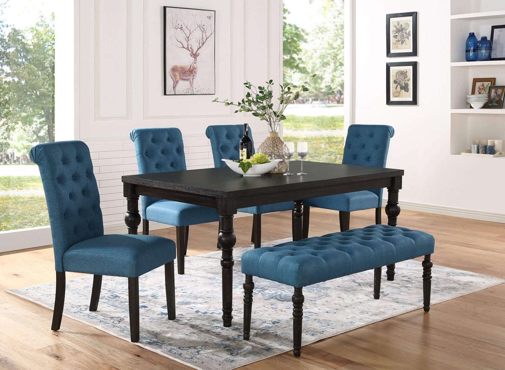 Leviton Urban Style Dark Wash Wood Dining Set with blue upholstered chairs and bench in a bright dining room.