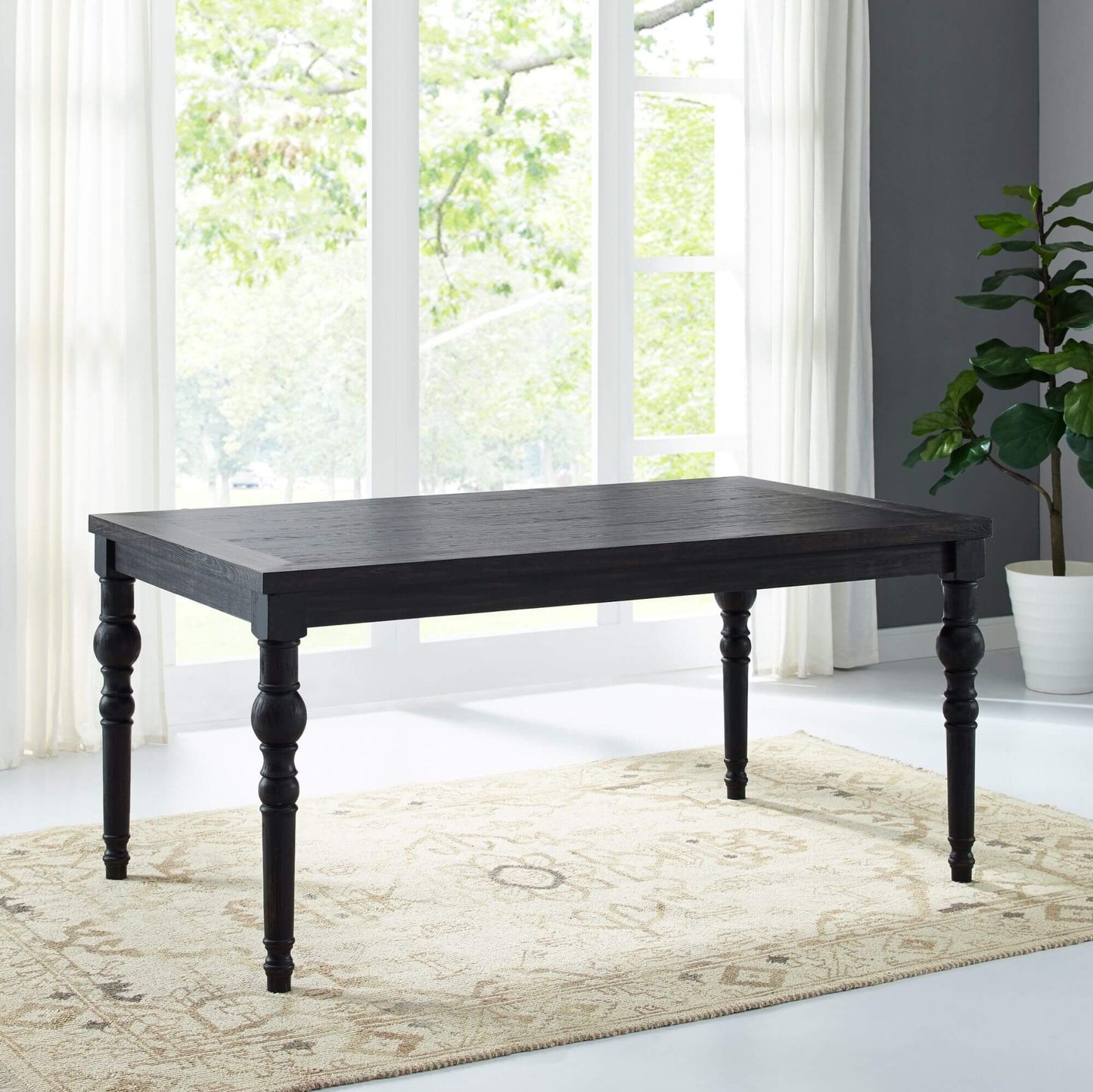 Leviton Urban Style dark wash wood dining table with carved legs, perfect for family meals and gatherings.
