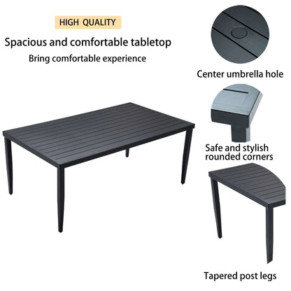 Ember Black rectangle dining table with center umbrella hole, tapered post legs, and safe rounded corners for outdoor patios.