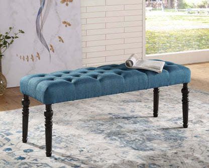 Stylish tufted teal bench with black legs, perfect for adding seating and elegance to your dining or living space.