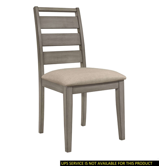 Weathered gray finish rustic dining side chair with upholstered seat, perfect for transitional style dining rooms.
