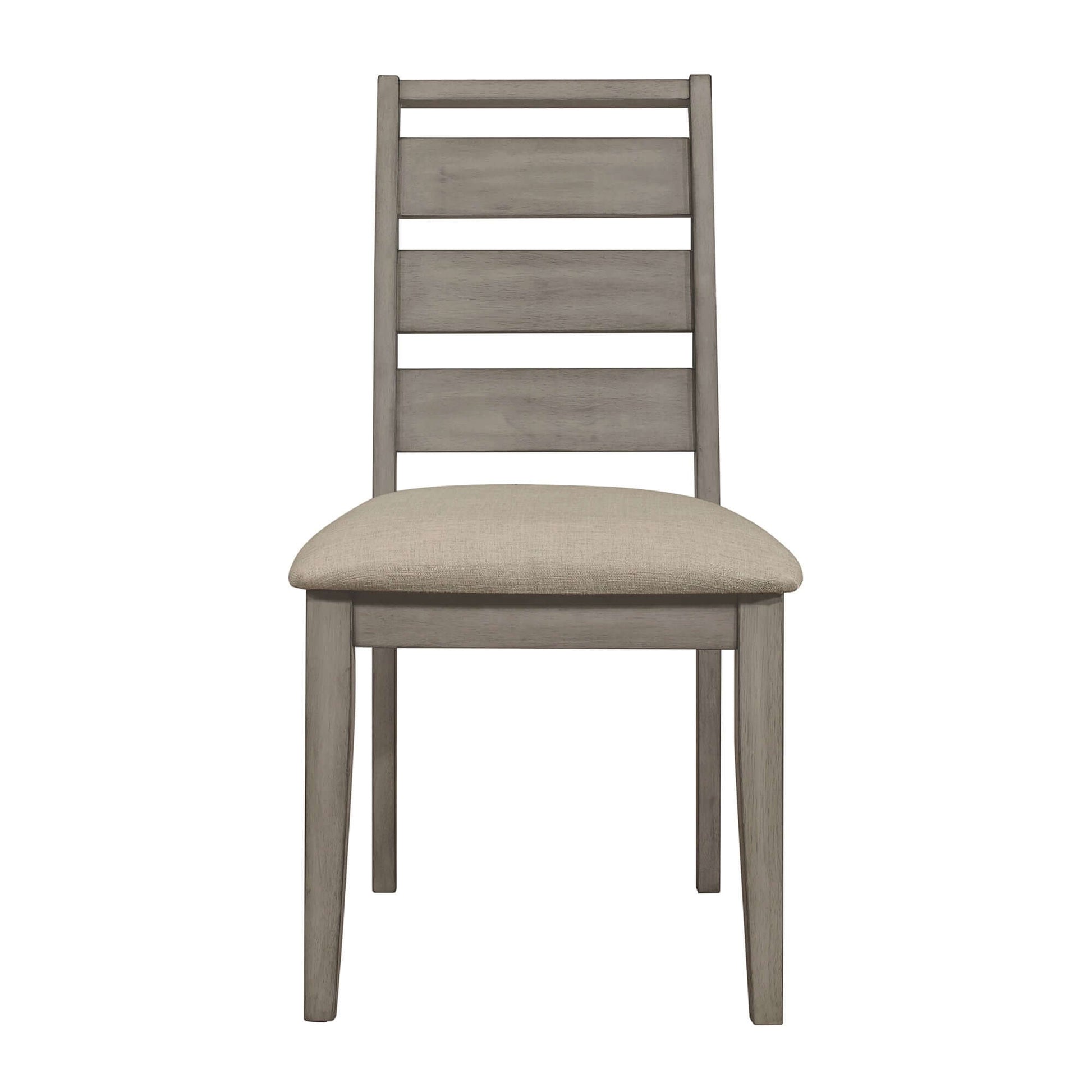 Weathered gray rustic dining side chair with upholstered seat, ideal for transitional home decor.