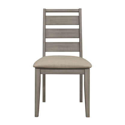 Weathered gray rustic dining side chair with upholstered seat, ideal for transitional home decor.