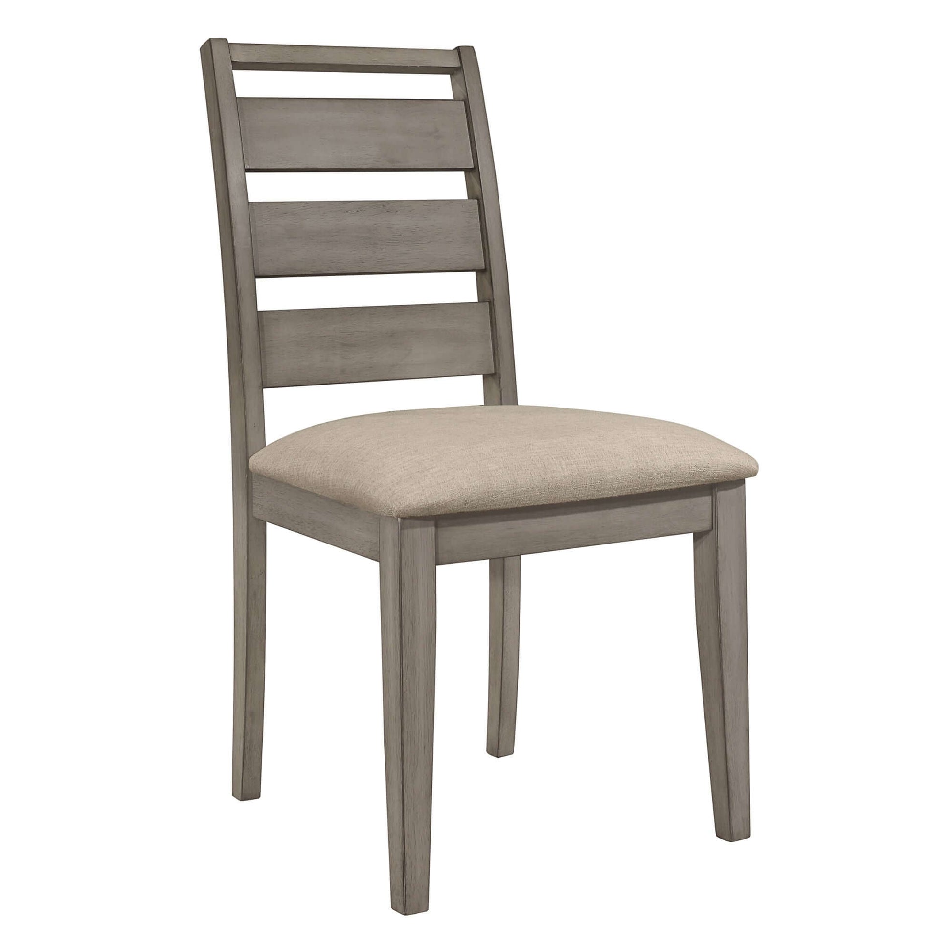 Weathered gray rustic dining side chair with upholstered seat, featuring a slatted back and wooden frame.