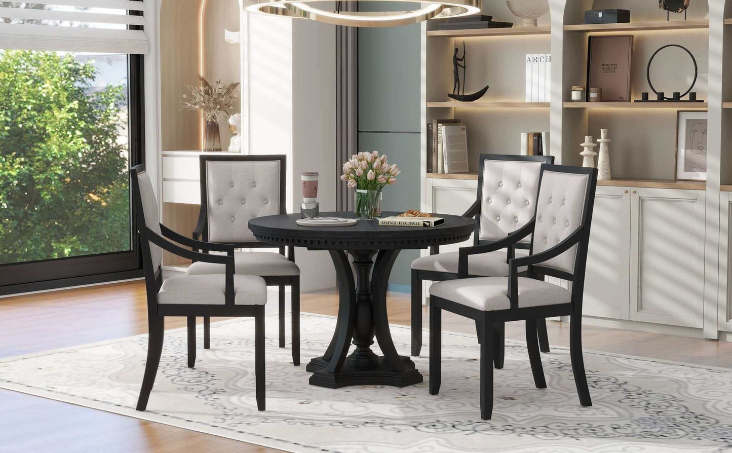 TREXM Retro 5-piece Dining Set; Extendable Round Table & 4 Chairs