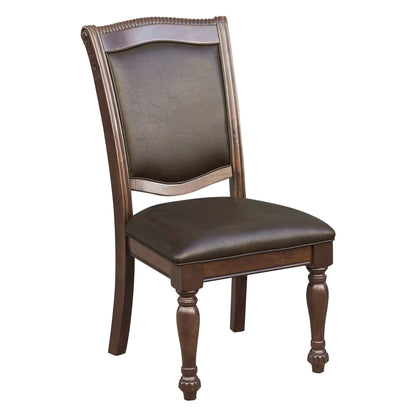 Traditional style side chair with brown cherry finish and upholstered seat.