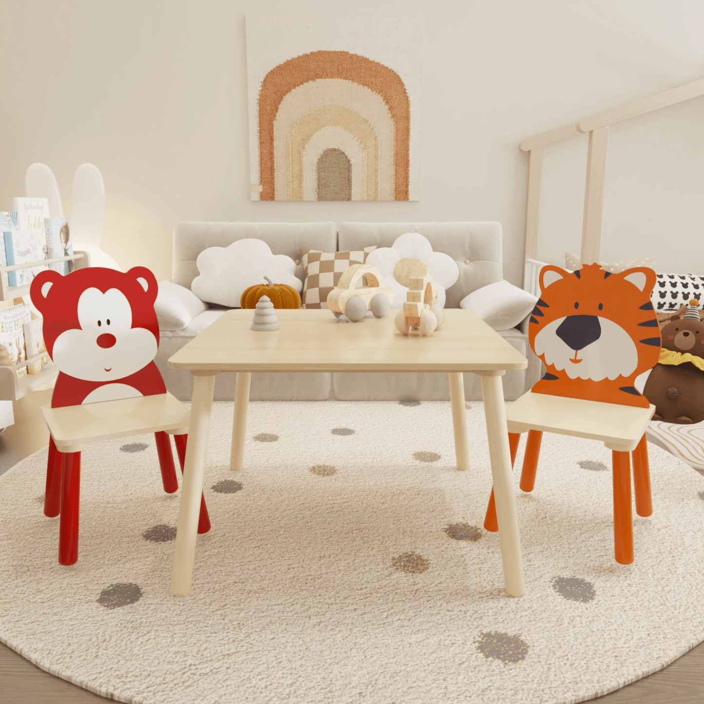 Juego de mesa y sillas para niños pequeños de 3 piezas; Juego de mesa de juego de actividades (oso y tigre)