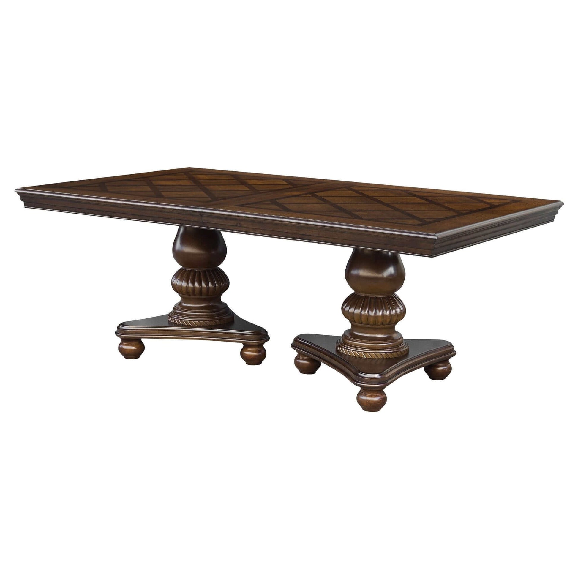 Traditional style dining table with brown cherry finish and ornate pedestal legs