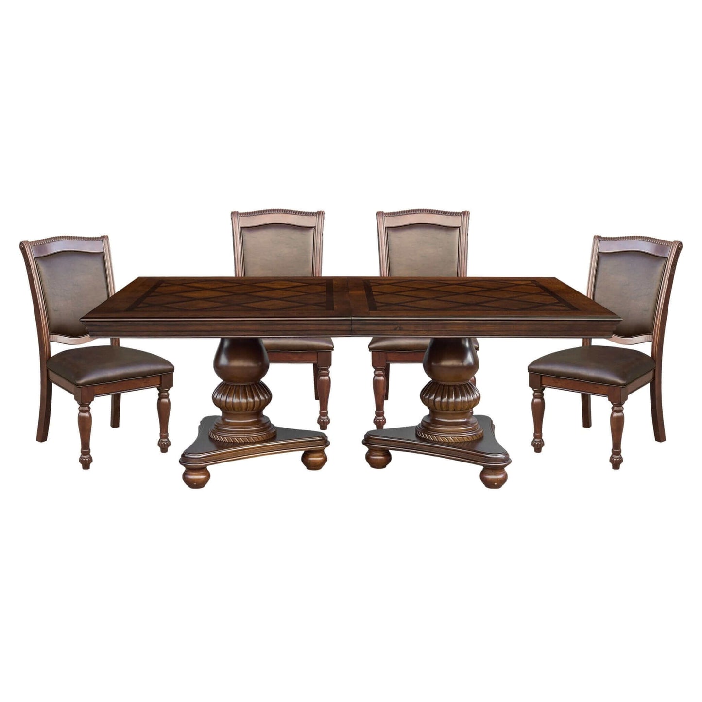 Traditional style dining table set with 4 upholstered side chairs in brown cherry finish, wood construction, and pedestal base.