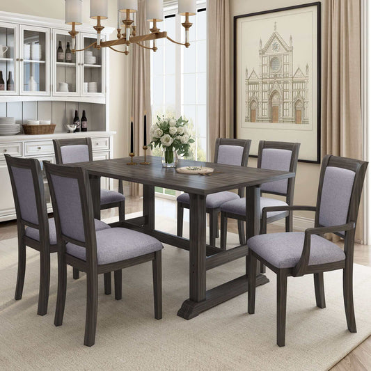 TOPMAX 7-Piece Trestle Dining Table Set;  w/6 Upholstered Chairs