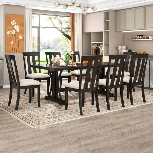 TREXM 9pc Retro Style Dining Set; 78" Wood Table & 8 Chairs (Espresso)