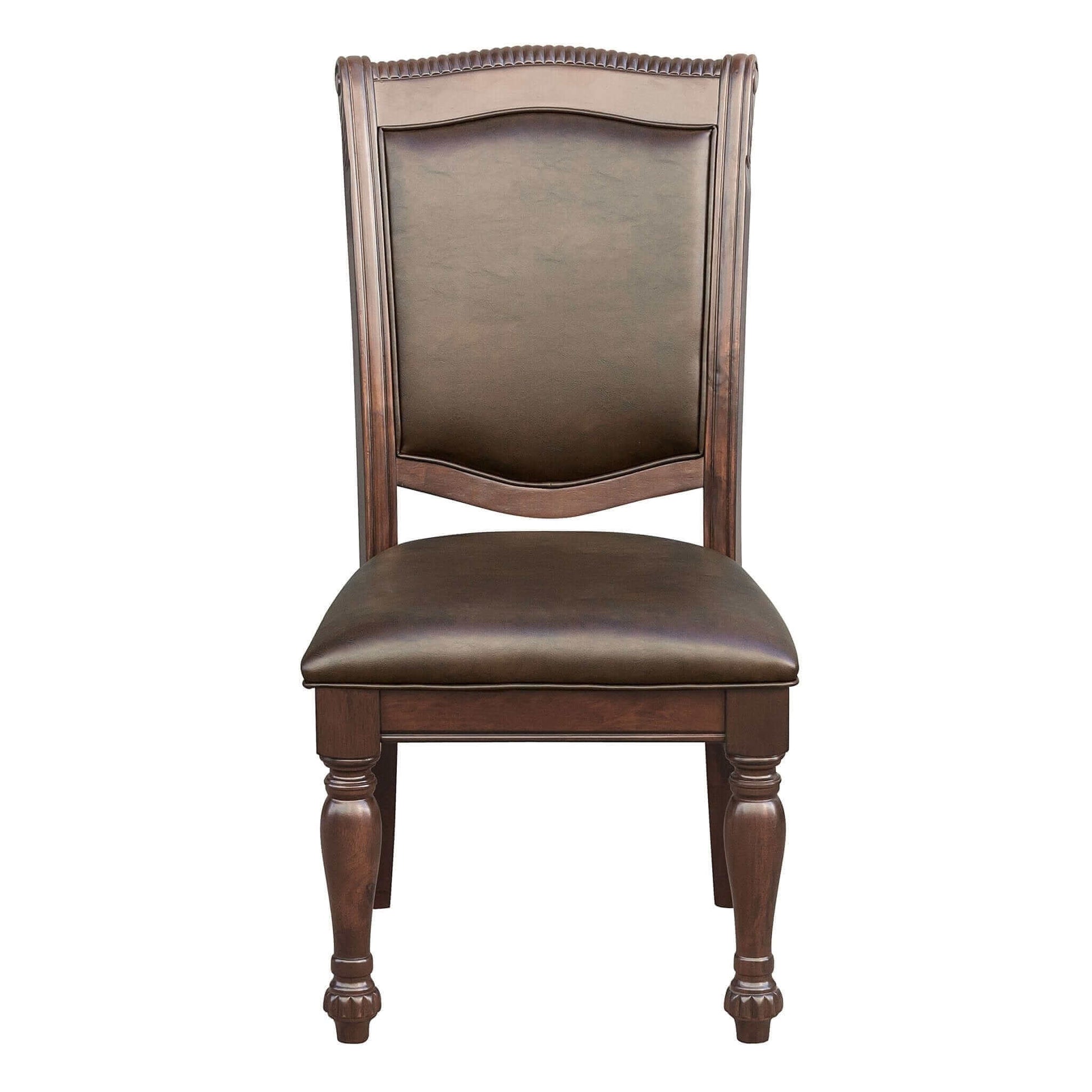 Traditional brown cherry dining side chair with upholstered seat and back, classic wood legs.