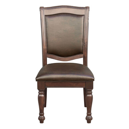 Traditional brown cherry dining side chair with upholstered seat and back, classic wood legs.