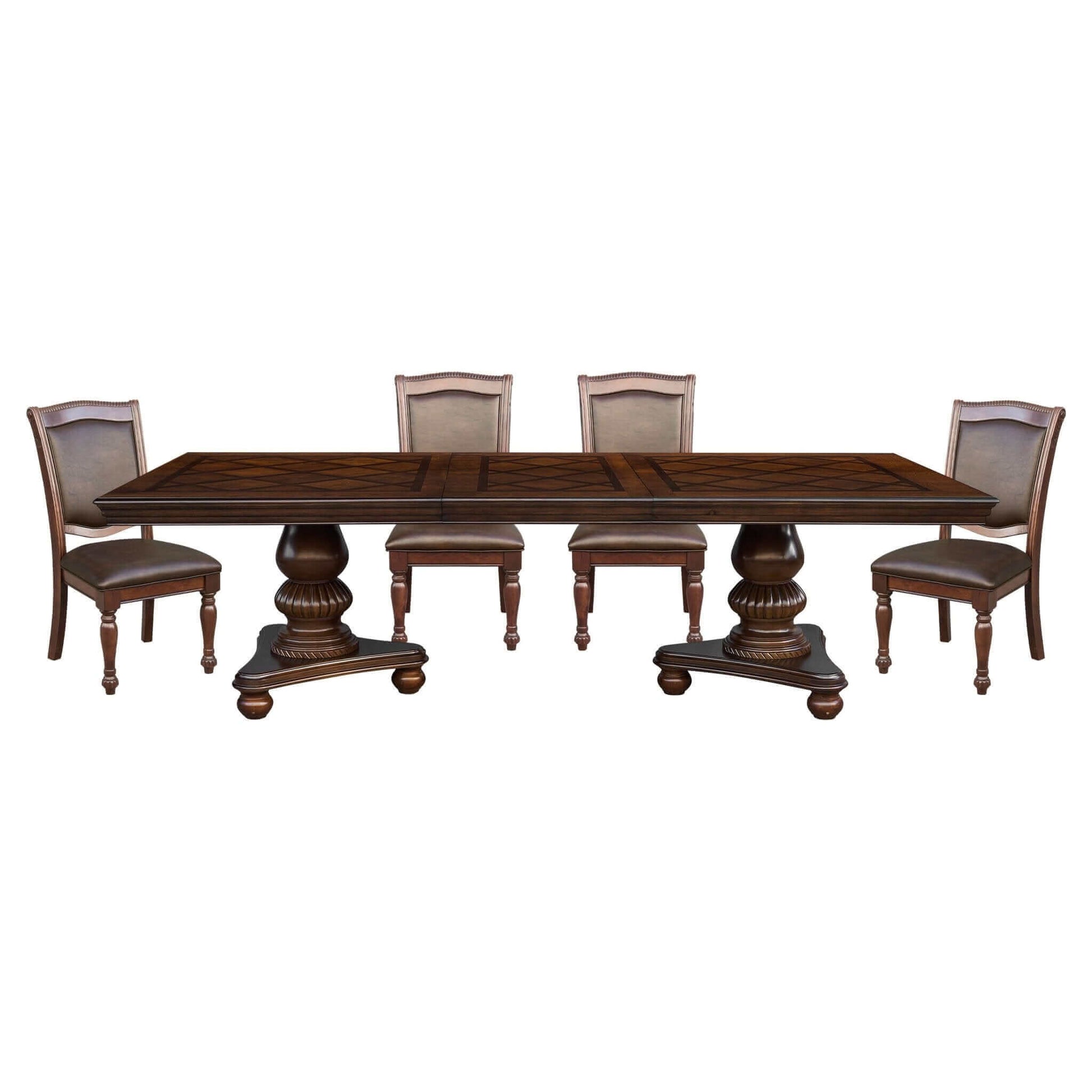 Traditional style dining table with 4 side chairs, brown cherry finish, upholstered seats, wooden construction, and extendable leaf.