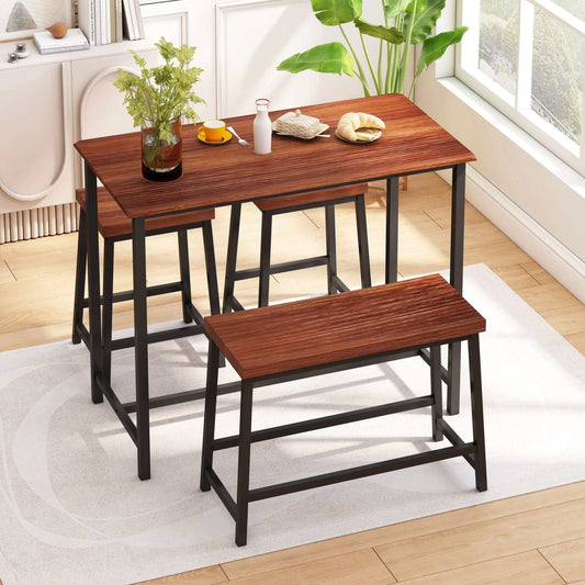 4-Pc Industrial Wooden Dining Set; w/ Metal Frame, 2 Stools & 1 Bench