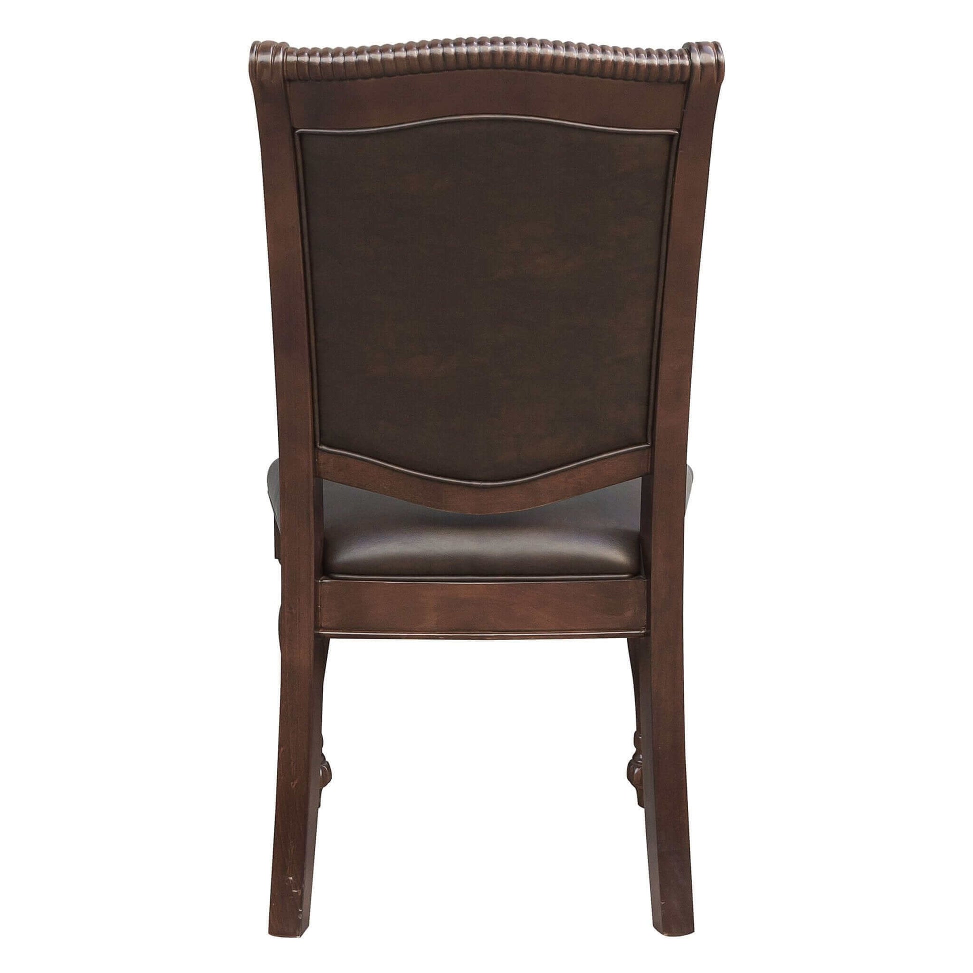 Brown cherry wooden side chair with upholstered backrest, part of a traditional style dining set.