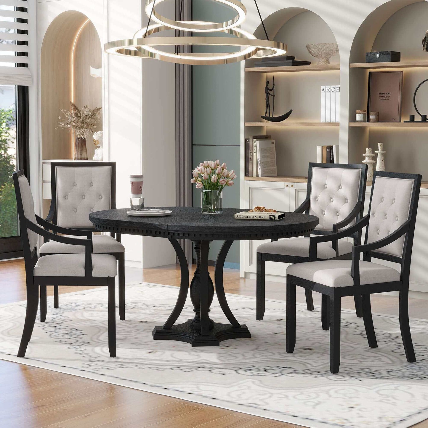 TREXM Retro 5-piece Dining Set; Extendable Round Table & 4 Chairs