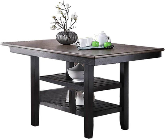 Counter Height Dining Table, Dark Coffee Finish w 2 Storage Shelves