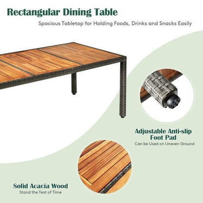 Juego de comedor de patio de ratán de 9 piezas con mesa de madera de acacia y silla acolchada
