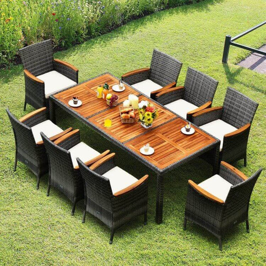 9 Pc Rattan Patio Dining Set w/ Acacia Wood Table and Cushioned Chair