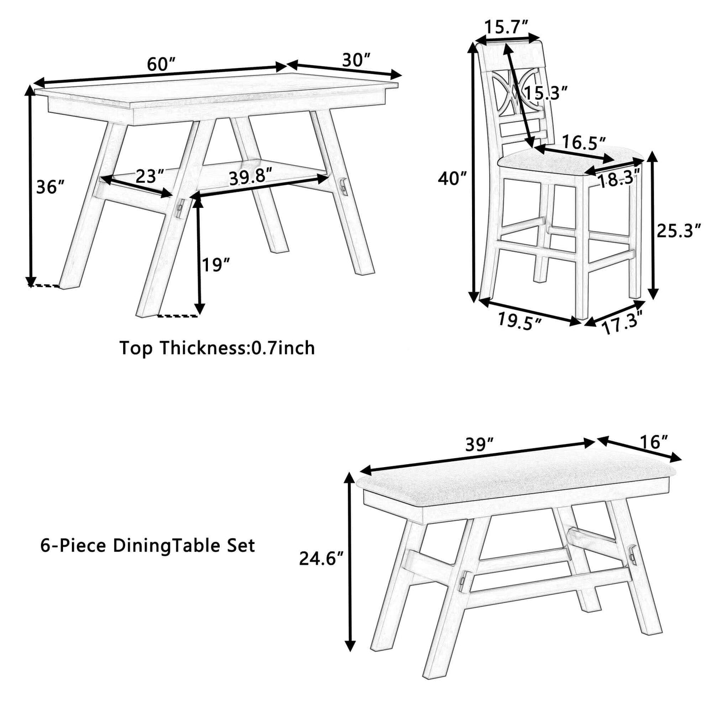 6-Pc Wood Counter Height Dining Table Set w/ Storage Shelf, and Bench