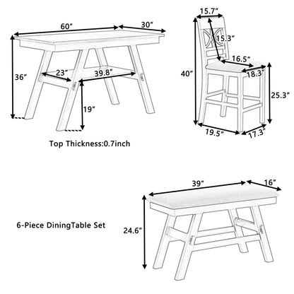 6-Pc Wood Counter Height Dining Table Set w/ Storage Shelf, and Bench