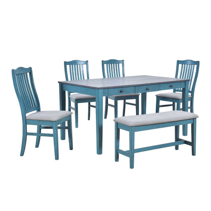 TOPMAX Mid-Century 6pc Dining Table Set with chairs and bench in antique blue finish for dining room elegance and functionality.