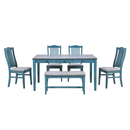 TOPMAX Mid-Century 6pc Dining Table Set in antique blue with chairs and bench, perfect for elegant family dinners and hosting guests.