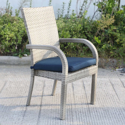 Gray outdoor dining chair with navy cushion from Balcones 9-Piece Outdoor Dining Table Set, perfect for backyard relaxation.