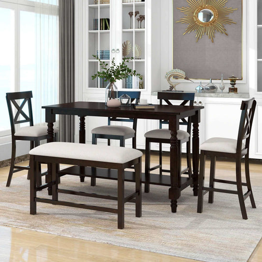 6-Pc Counter Height Dining Table Set; Table w/ Shelf 4 Chairs & Bench