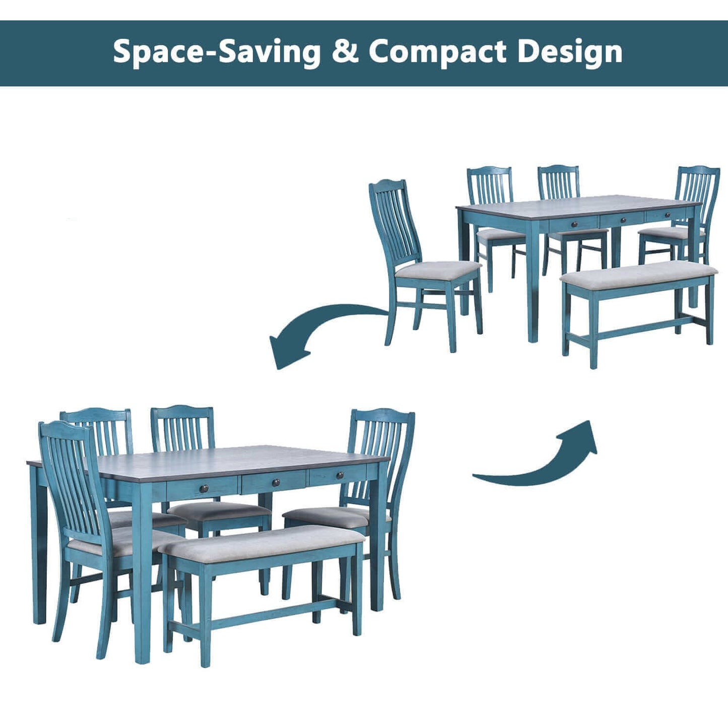 TOPMAX Mid-Century 6pc Dining Table Set in antique blue, includes chairs and bench, space-saving compact design ideal for dining rooms.