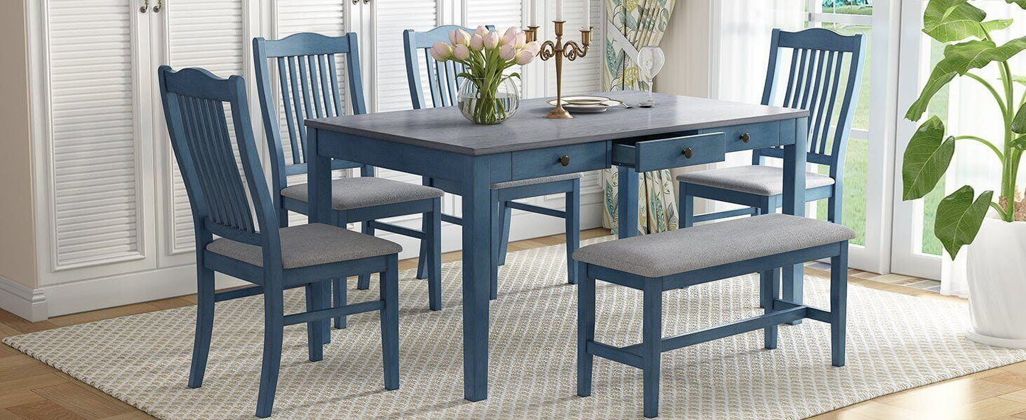 TOPMAX Mid-Century 6pc Dining Table Set with antique blue finish, featuring a table, chairs, and a bench in a modern dining room setting