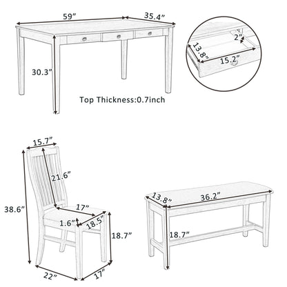 Dimensions of TOPMAX Mid-Century Dining Table (59"x35.4"), Chair (38.6"H), and Bench (36.2"x13.8") in 6pc Set, Antique Blue Finish