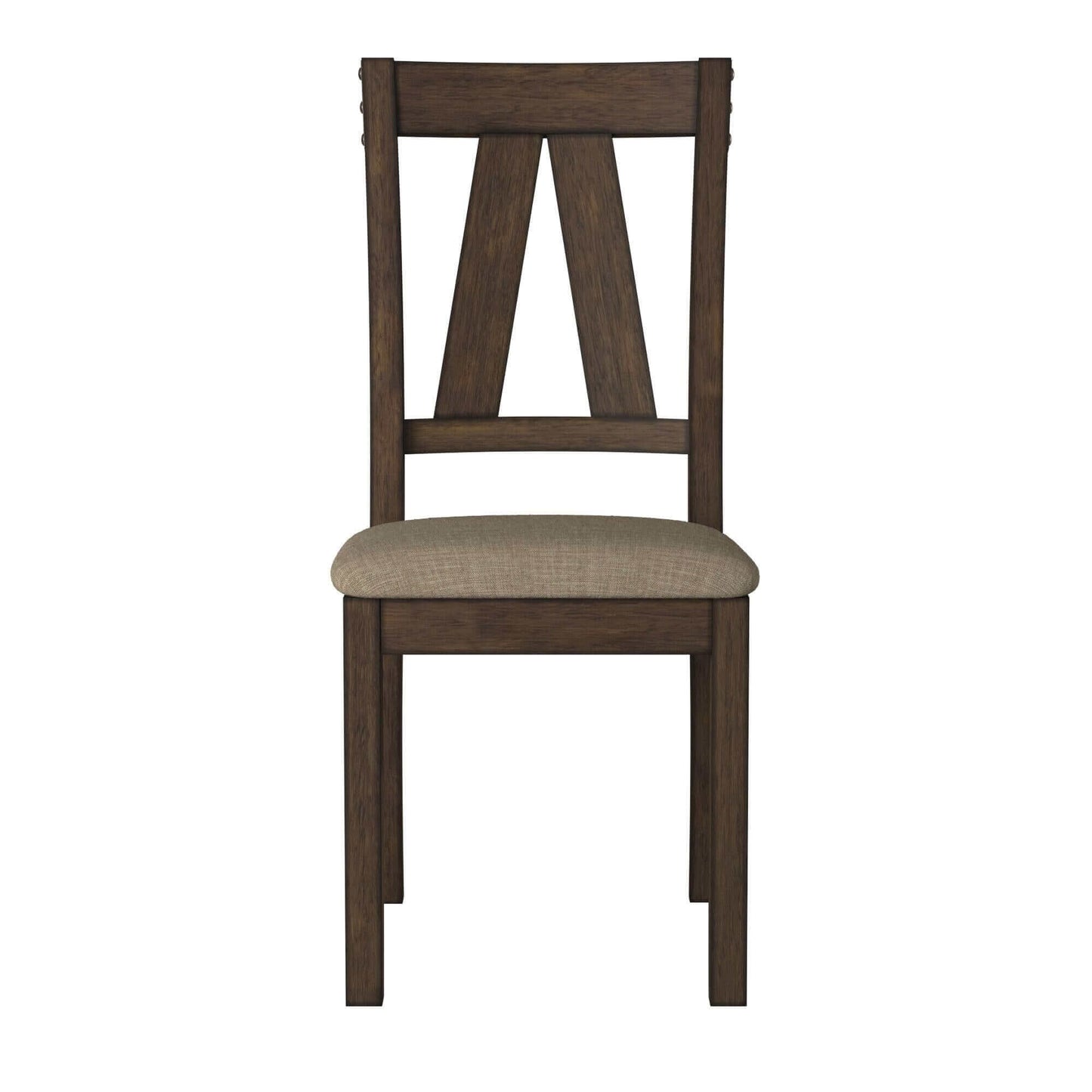 Rustic industrial style dining chair with brown wooden frame and beige cushioned seat. Ideal for dining rooms and seating up to 6 guests.