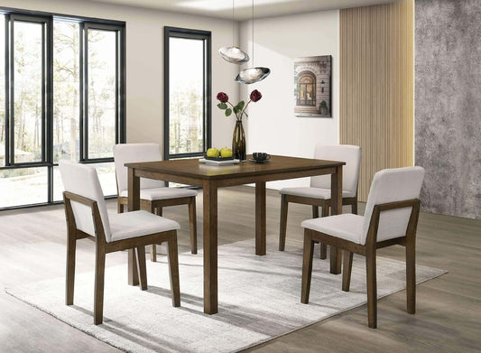 5pc Dining Room Set; Table & 4 Beige Fabric Chairs; Dark Walnut Finish