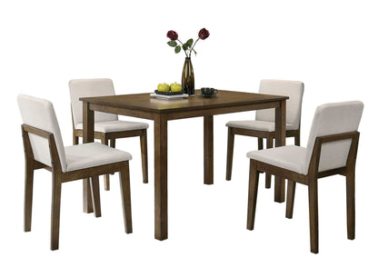 juego de comedor de 5 piezas; mesa y 4 sillas de tela beige; Acabado en nogal oscuro.