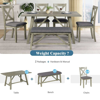 6 Pc Wood Dining Table Set w/ Table, Bench and 4 Chairs; Rustic Style