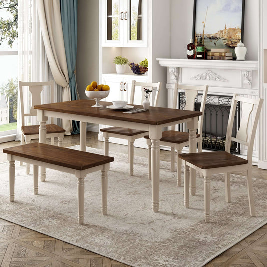 Classic 6-Pc Dining Set Wooden Table and 4 Chairs with Bench