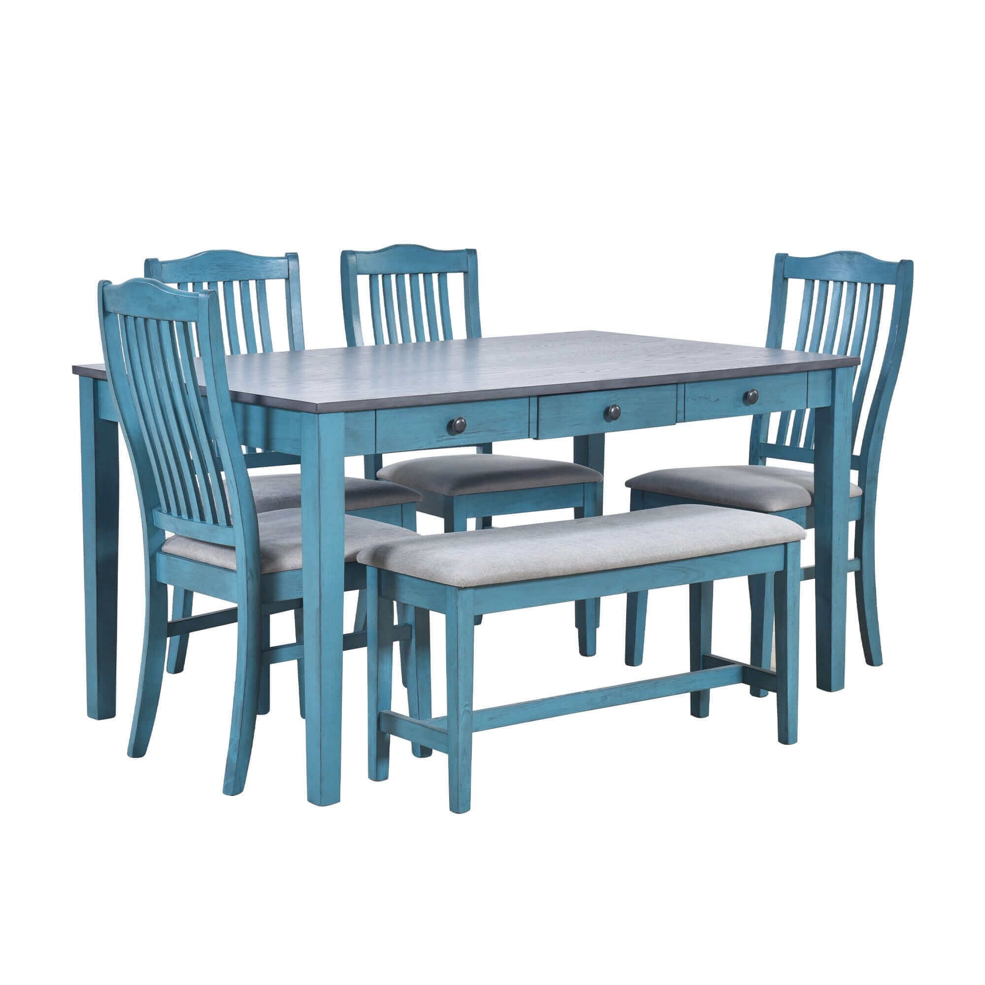 TOPMAX Mid-Century 6pc Dining Table Set in antique blue, with four chairs and a bench for stylish dining room decor and functionality.