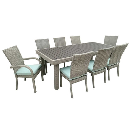 Balcones 9-piece outdoor dining table set with 8 gray wicker chairs and aqua cushions.