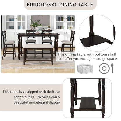 Juego de mesa de comedor con altura de mostrador de 6 piezas; Mesa con estante 4 sillas y banco