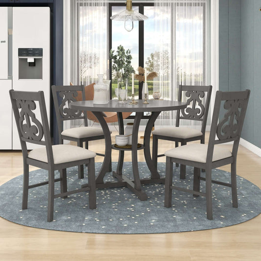 5-Piece Round Dining Table and 4 Fabric Chairs with Storage Shelf