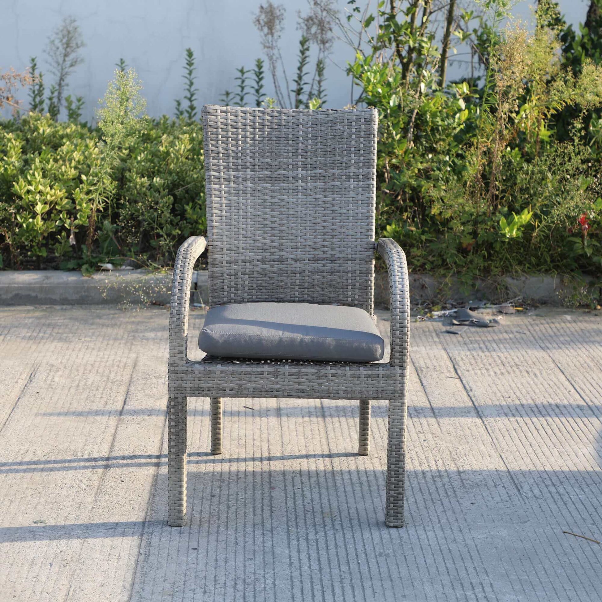 Single gray/dark gray wicker outdoor chair with cushion from the Balcones 9-Piece Outdoor Dining Table Set.