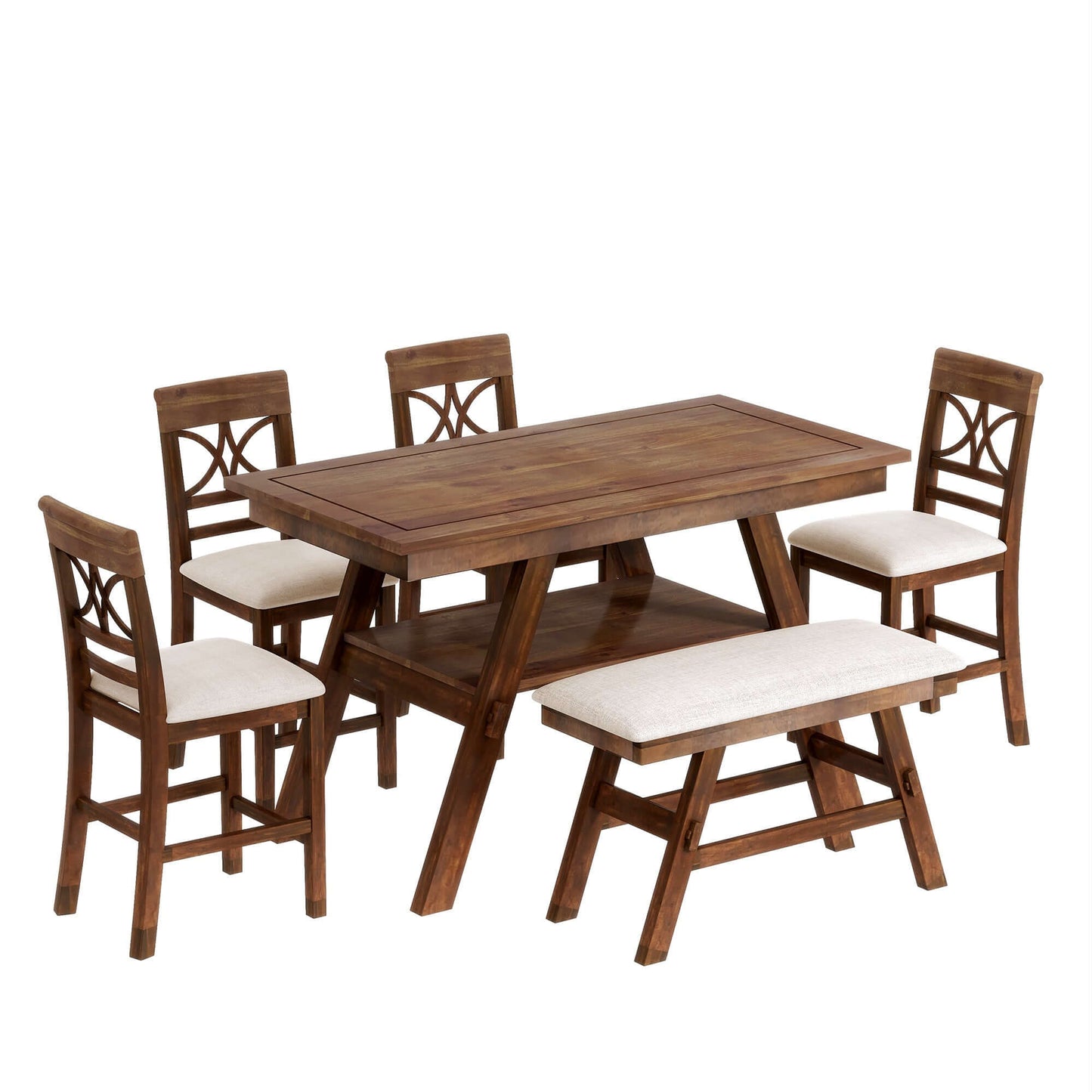 6-Pc Wood Counter Height Dining Table Set w/ Storage Shelf, and Bench