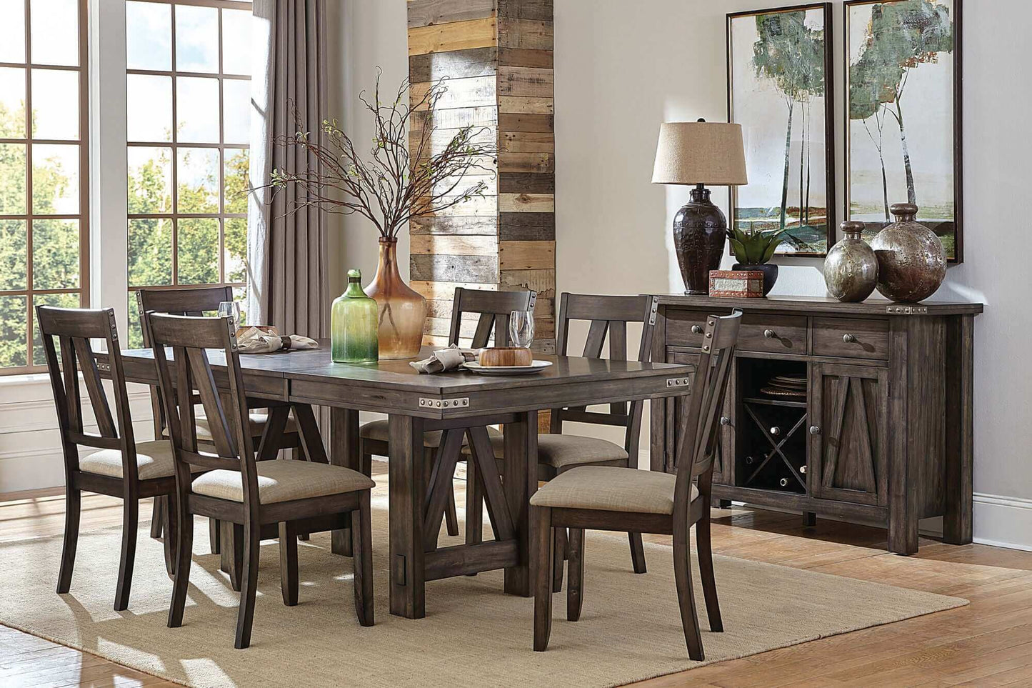 Rustic industrial style 7pc dining set with self-storing butterfly leaf in a dining room, seating for 6, brown color.