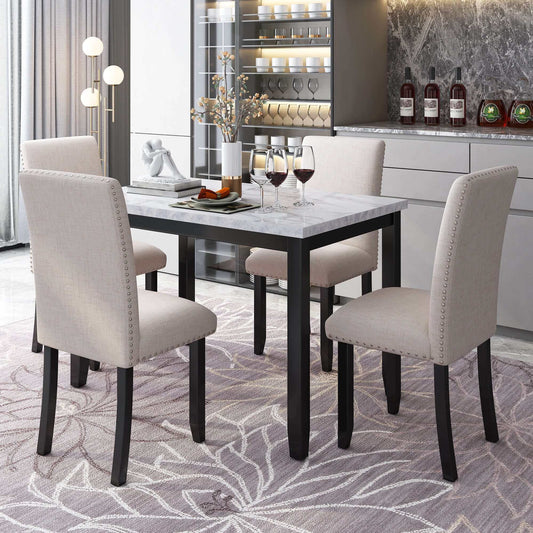 Faux Marble 5-Piece Dining Set / Table with 4 Cushion Dining Chairs