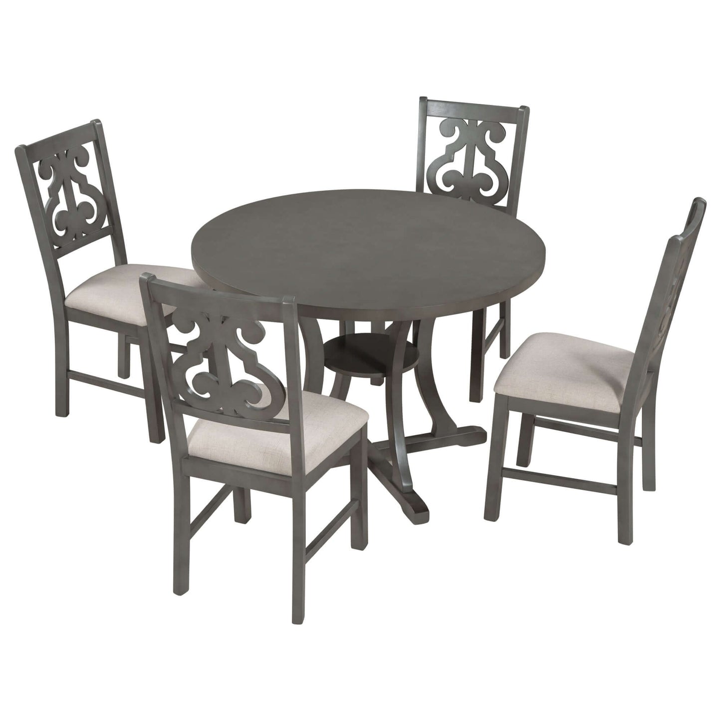 Mesa de comedor redonda de 5 piezas y 4 sillas de tela con estante de almacenamiento